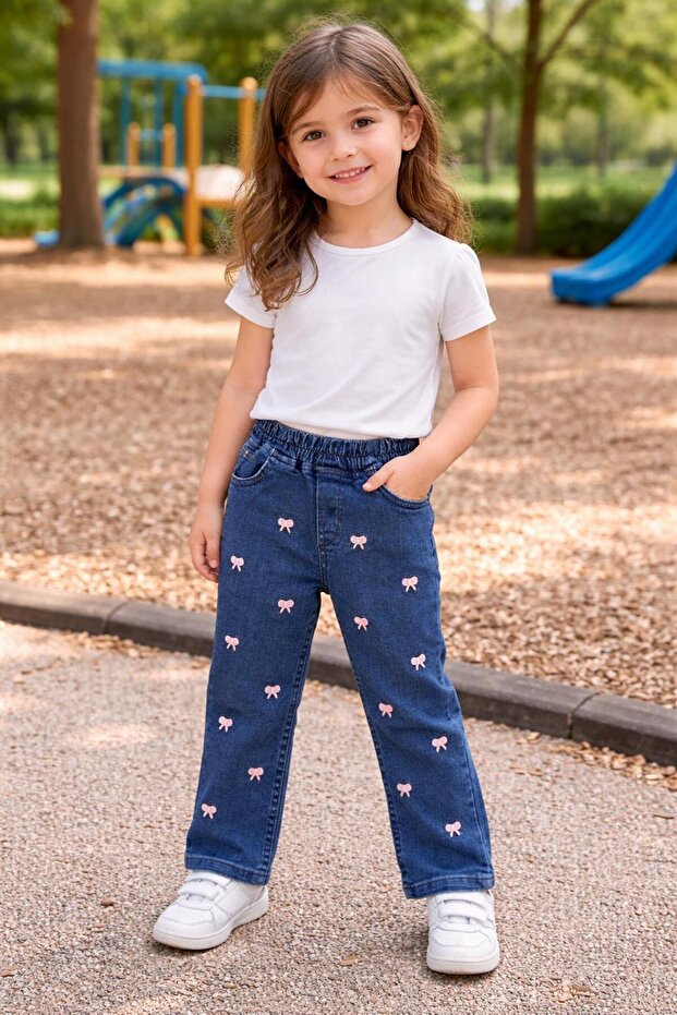 Girls' Jeans with Bow Embroidery and Elastic Waist