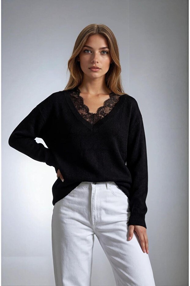 Black V-Neck Lace Long Sleeve T-Shirt Mg2677