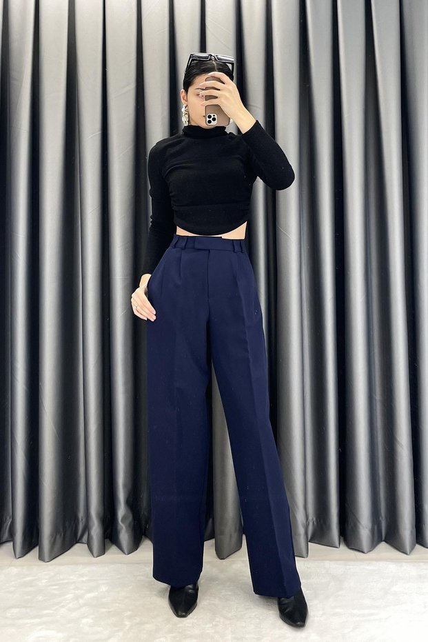 Atlas Palazzo Fabric Trousers - Navy Blue Navy Blue