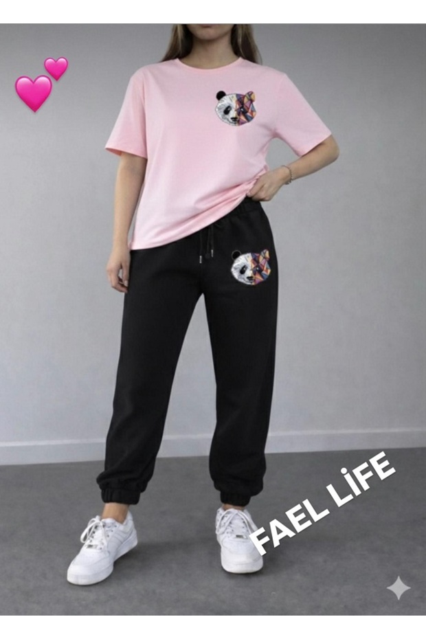 Women's Wide Cut T-Shirt Tracksuit Colorful Panda Set