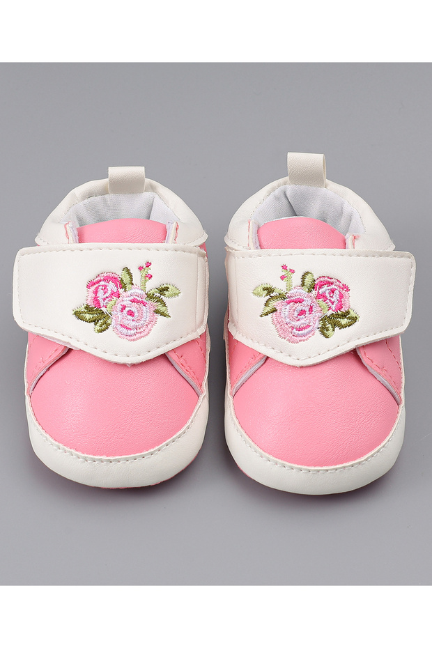 Floral Embroidered Velcro Closure Booties - Pink/White