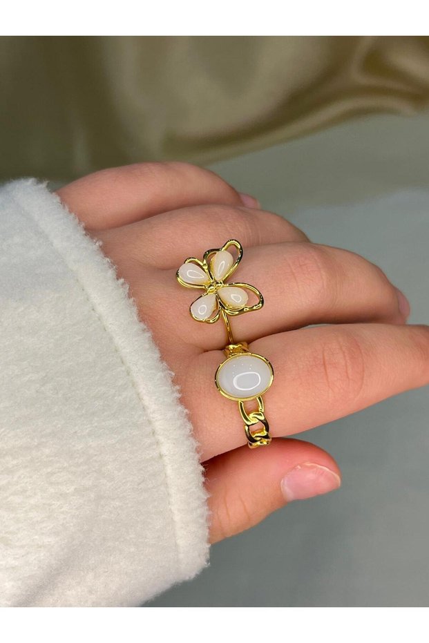 2-Piece Gold Ring | White Natural Stone Vintage Look Butterfly & Round Stone Motif Ring