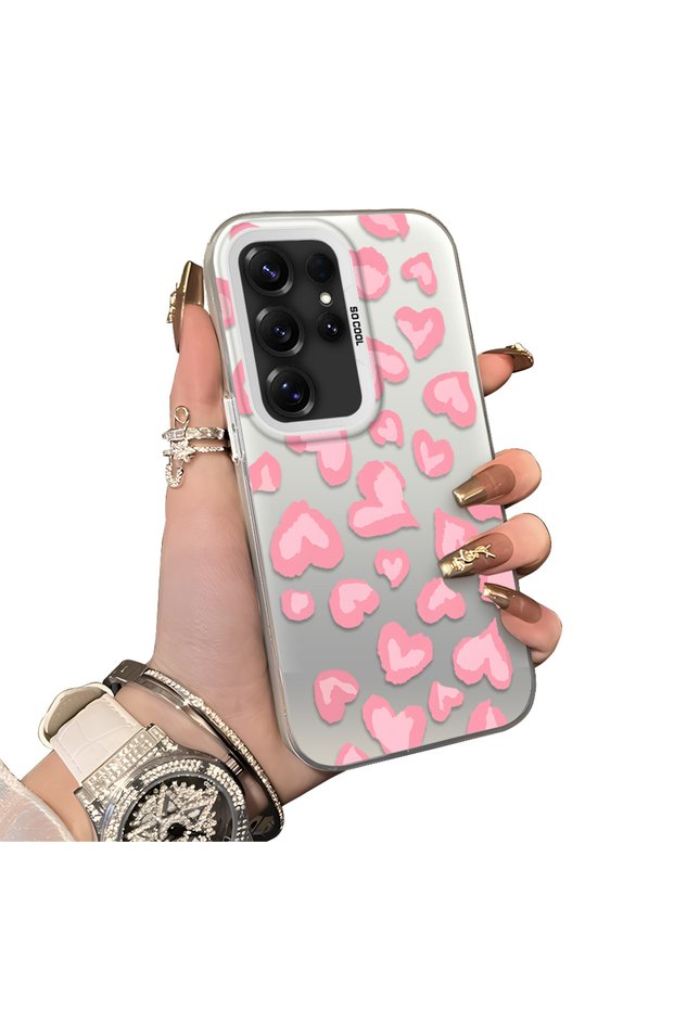 Samsung Galaxy S25 Ultra Compatible Hard Acrylic Back Silicone Edge Lens Protection Case Heart Pattern