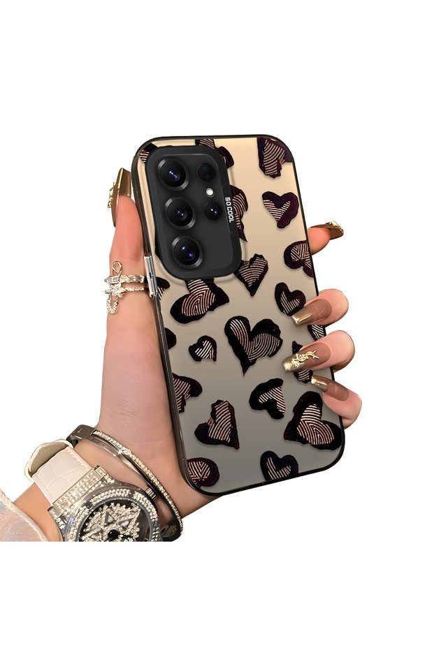 Samsung Galaxy S25 Ultra Compatible Hard Acrylic Back Silicone Edge Lens Protection Case Heart Pattern