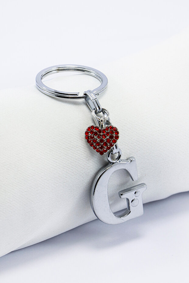 Red Shiny Heart Silver Color Metal Letter g Keychain / Tiny Bag Ornament