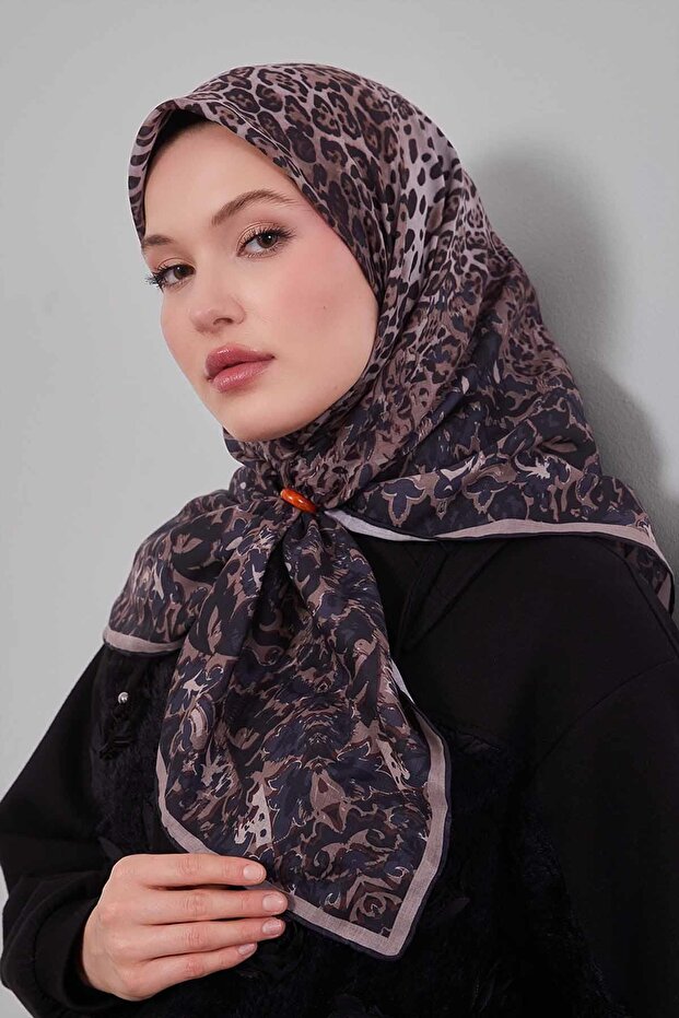 Dark Mink Mixed Leopard Pattern Silk Cotton Scarf