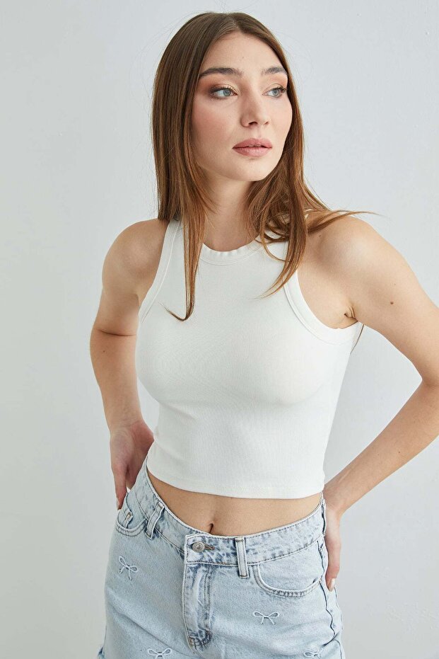 Basic Halter Yaka Kaplı Crop Body - 2