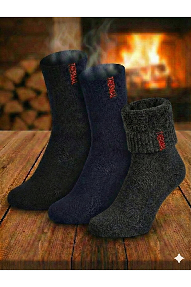 3-Pack Thermal Towel Socks - İçi Ş Fleece-Lined Winter Thick Socks Black-Navy Blue-Anthracite