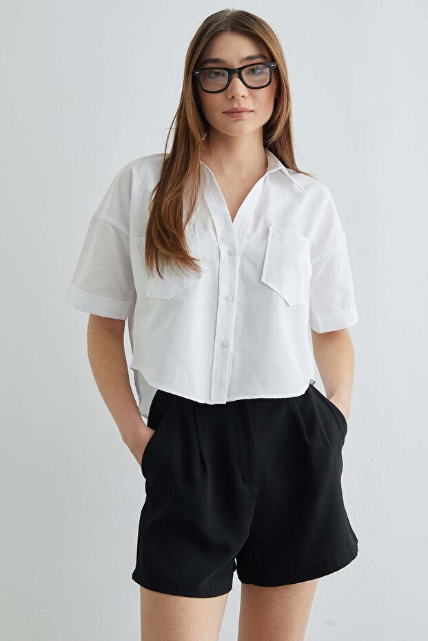 Çift Cepli Oversize Crop Gömlek - 3