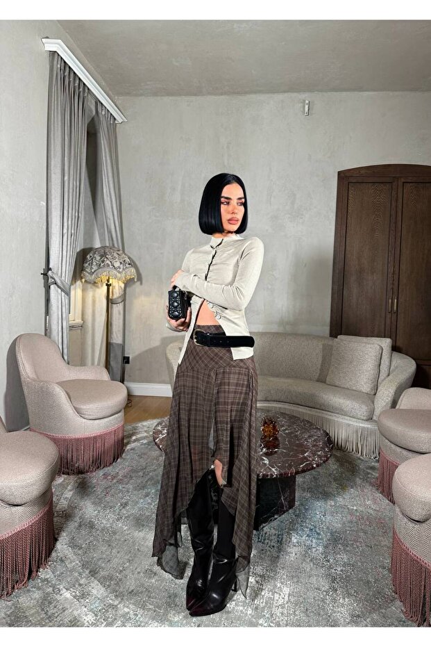 Women's Khaki Plaid Patterned Slit Asymmetrical Skirt Yel221806