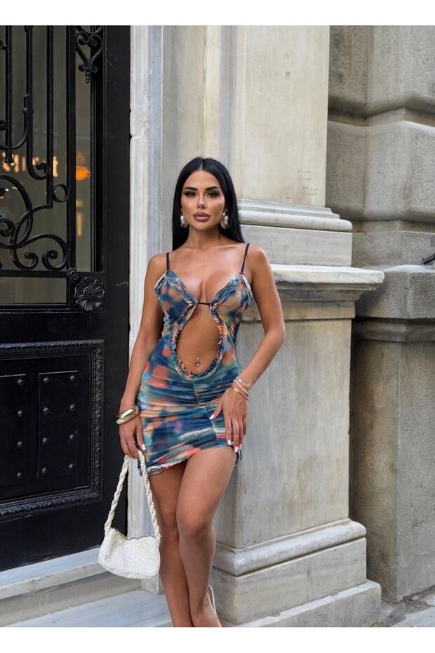 Women's Blue Chest-Cut Low-Cut Strappy Patterned Tulle Dress Yel221711