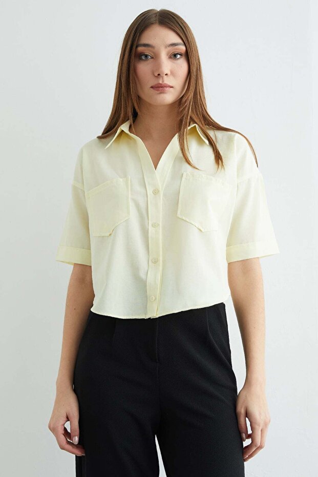 Çift Cepli Oversize Crop Gömlek - 4