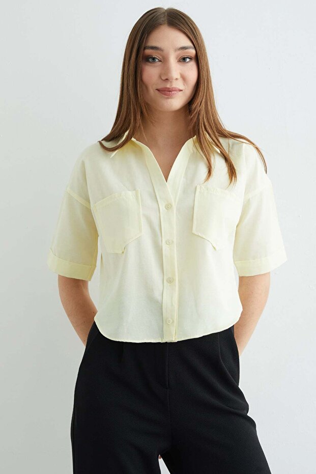 Çift Cepli Oversize Crop Gömlek - 7