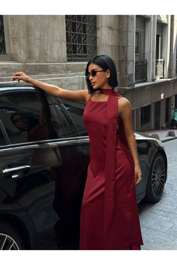 Women's Burgundy Backless Shawl Detailed Strappy Maxi Satin Dress Yel221738