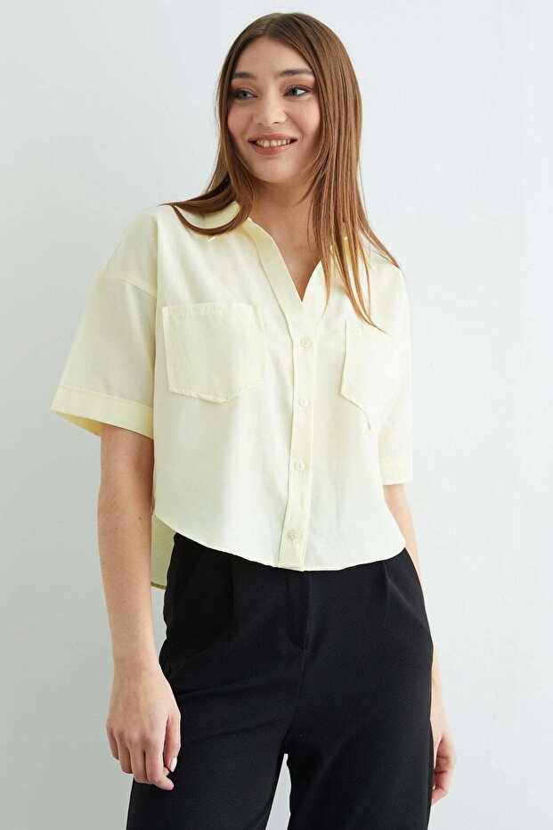 Çift Cepli Oversize Crop Gömlek - 3