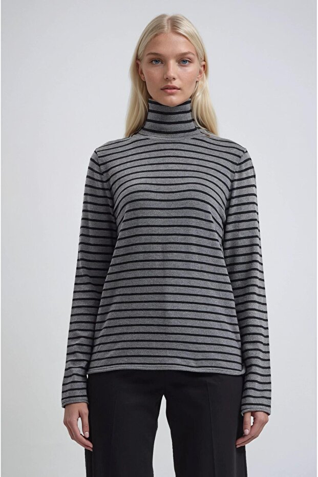 Turtleneck Soft Knitwear Fabric Striped Sweater 1403