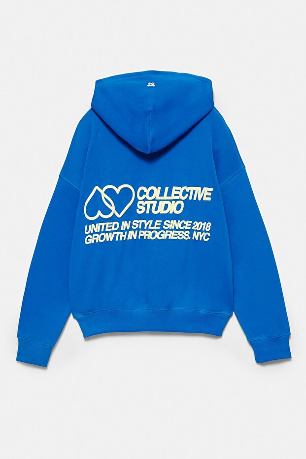 Mavi kalp desenli kapüşonlu sweatshirt - 8