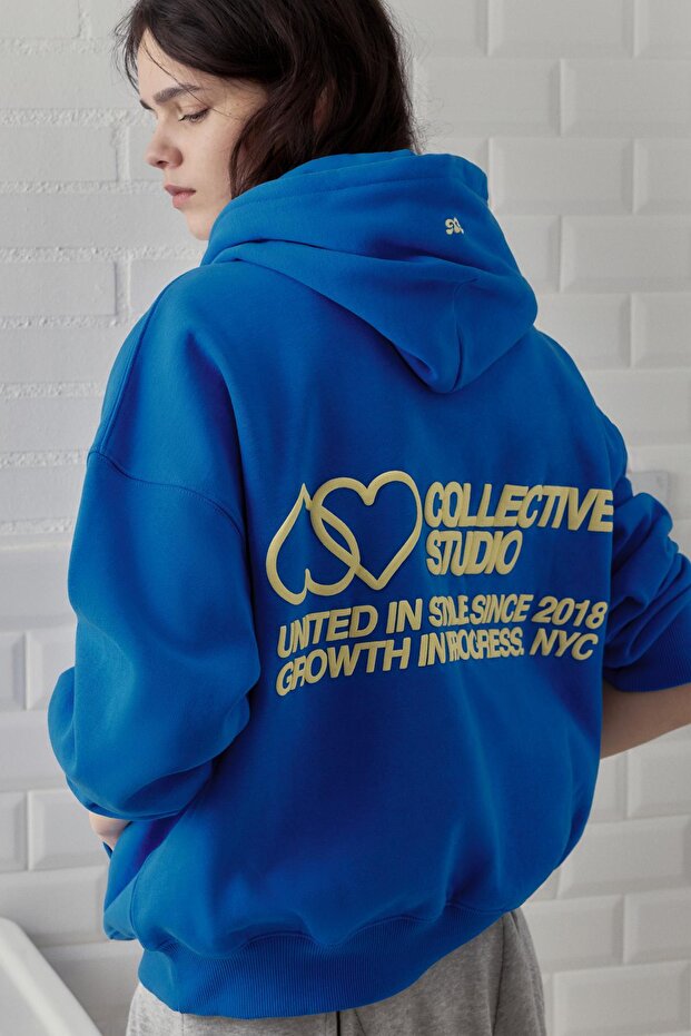 Mavi kalp desenli kapüşonlu sweatshirt - 1