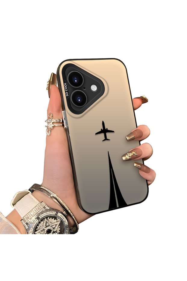 iPhone 16 Compatible Hard Acrylic Back Silicone Edge Lens Protection Case Simple Airplane Pattern