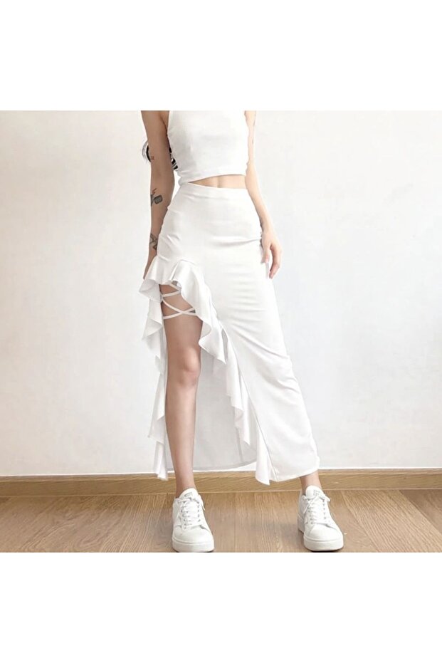 WOMEN'S ETHNIC RUFFLED ONE-LEG SLIT LONG MERMAID MODEL RUFFLED MAXI GOTHIC-STYLE SKIRT