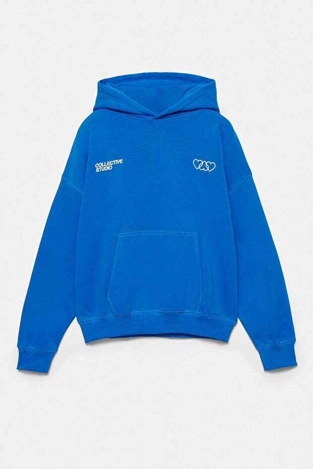 Mavi kalp desenli kapüşonlu sweatshirt - 7