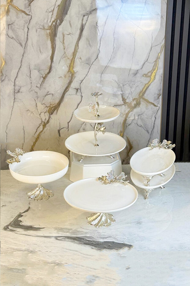 5-Piece Footed Diamond Butterfly Detailed Porcelain Presentation Set & Kura Piped K Kayık Plate Bowl Set