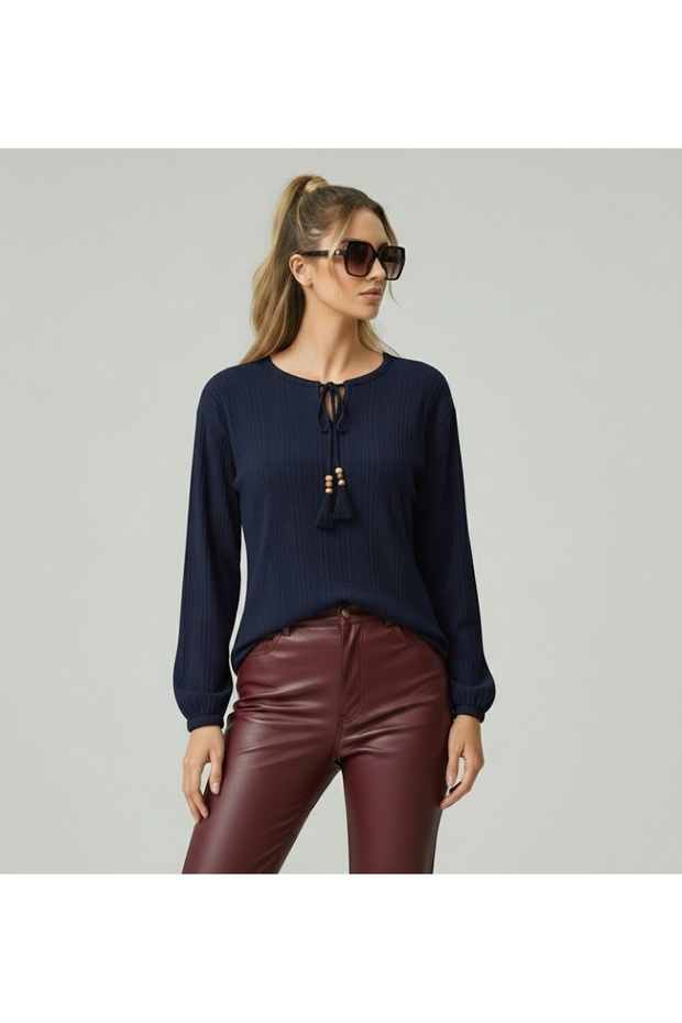 Tie-Down Collar | Hair Weave Twist Fabric | Long Sleeves | Women's Blouse