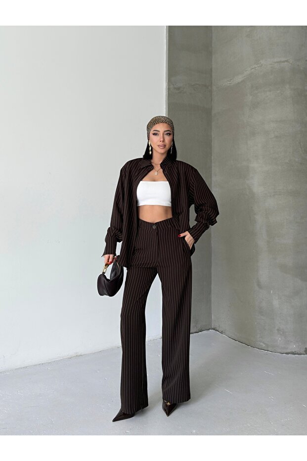 Women's Brown Striped Oversized Shirt and Trouser Set