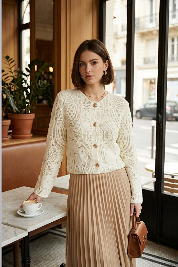 dantel desenli gold düğmeli basic ceket - 1