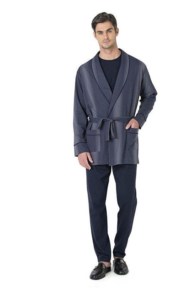 Men's 3-Piece Long Sleeve Cotton Pajama Set Striped Robe Boxed Groom Dowry Set