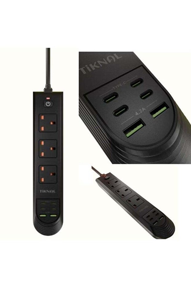 موصل طاقة 3250 واط - كابل بطول 3 أمتار - 3 مقابس بريطانية + منفذي USB-A و4 منافذ USB-C - حماية كاملة من زيادة التيار