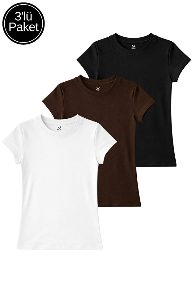 Women's Black White Brown 3-Pack Slim Fit Cotton Crop T-Shirt