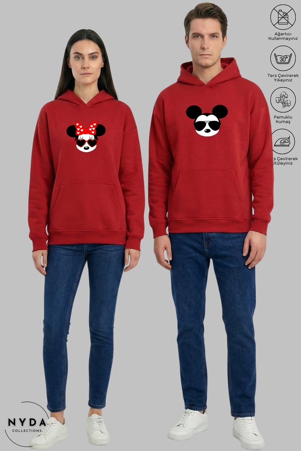 Lover Couple Combination Mickey Minnie Printed Hoodie Hooded Fleece-Lined Oversized Sweatshirt Set of 2