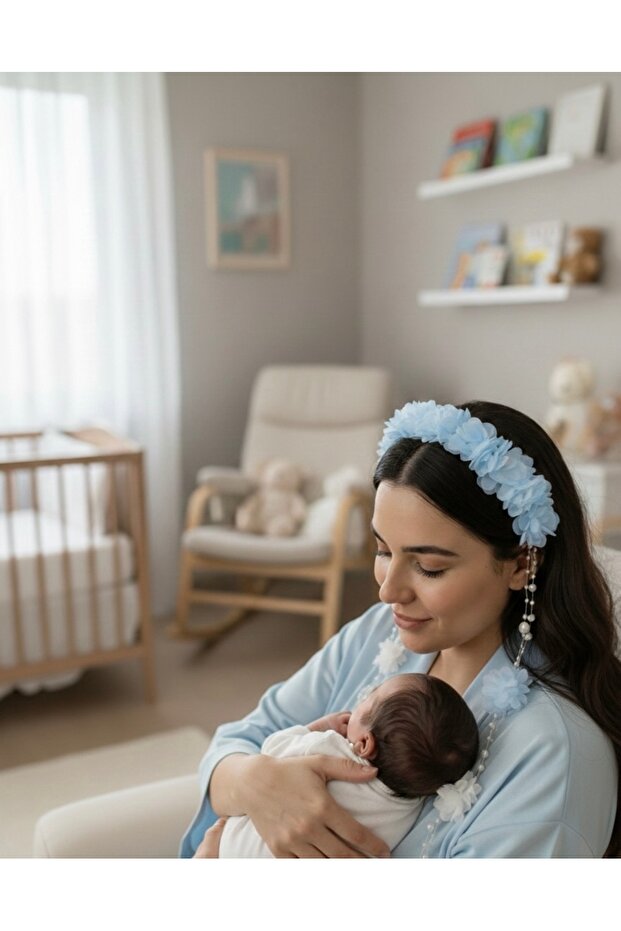 Blue Floral Pearl Detailed Luxury Maternity Crown – Special Design Birth Album Accessory