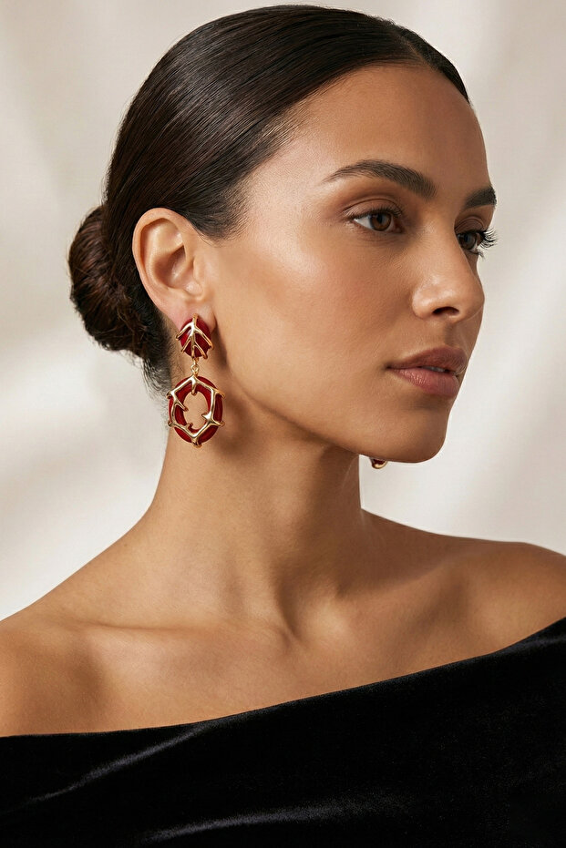 Vintage Leaf Design Natural Stone Look Gold Cage Embroidered Dangle Earrings