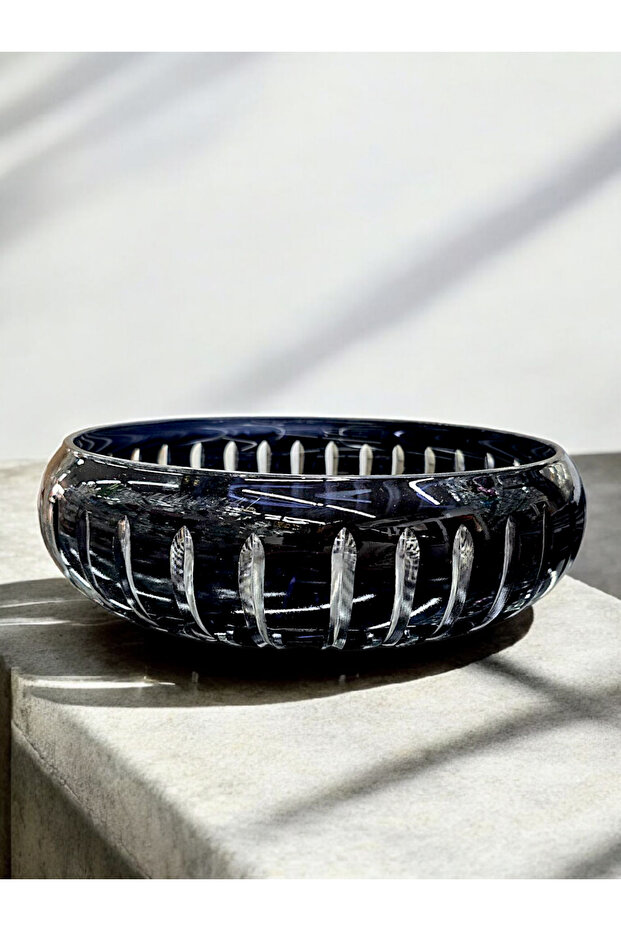 Black Cut Crystal Glass Bowl with Foot, 28 cm Diameter