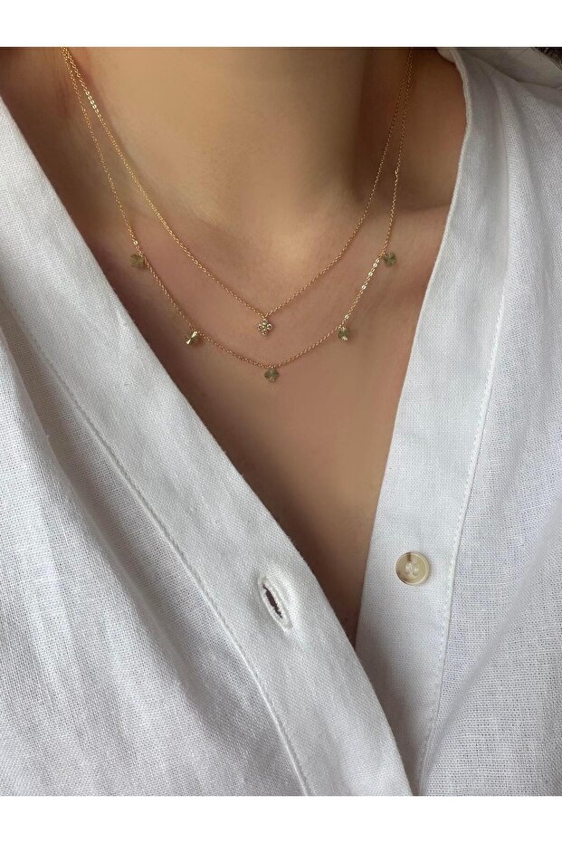 Çelik 2li Yonca Kolye - 2