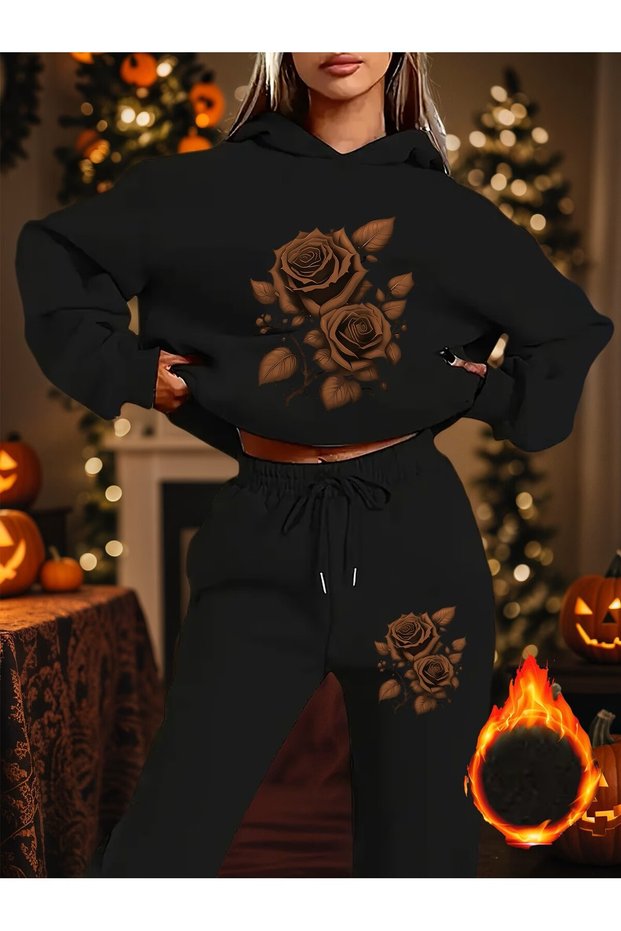 2-Piece Women's Stylish Rose Printed Hooded and Sweatpants Set