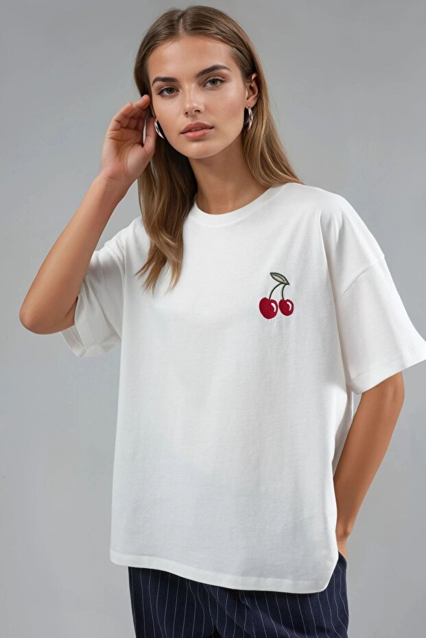 Oversize Nakışlı Örme T-Shirt - 1