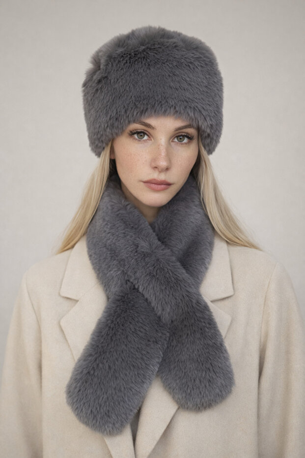 Hat and Scarf Gray 2-Piece Set Plush Set - Hat Neck Collar Luxury Soft Winter