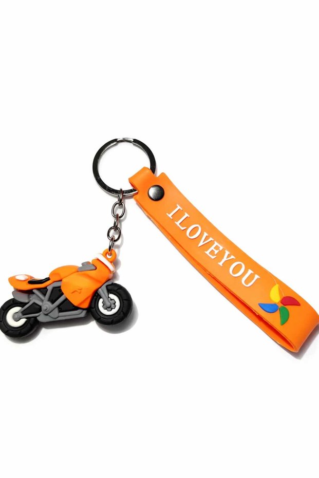I Love You Keychain with Gift Motorcycle Figure and Strap - Orange Silicone Metal Ring Keychain
