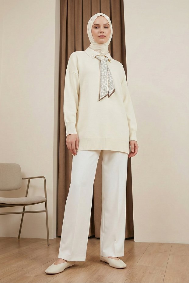 Scarf Polo Collar Knitwear Tunic - Cream