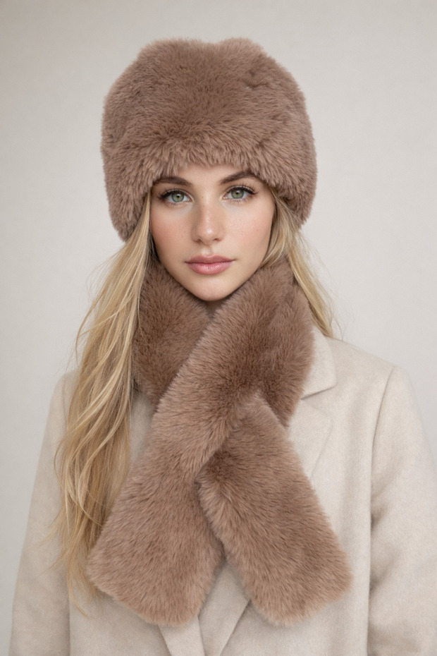 Hat and Scarf Beige 2-Piece Set Plush Set - Hat Neck Warmer Luxury Soft Winter