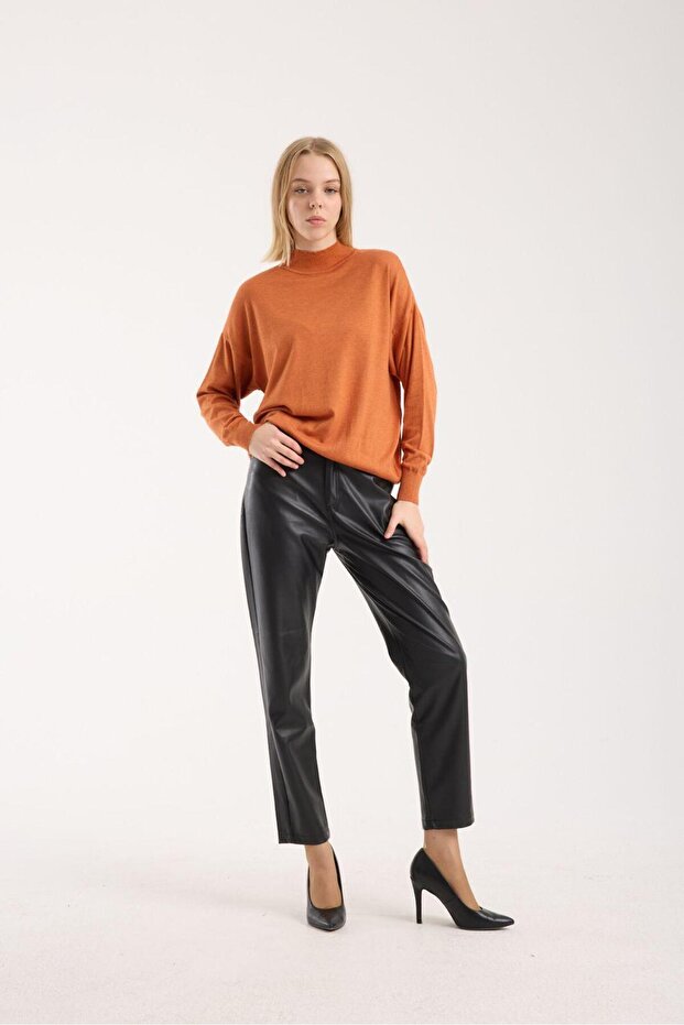 Kadın triko kazak yumuşak doku dik yaka basic - 4