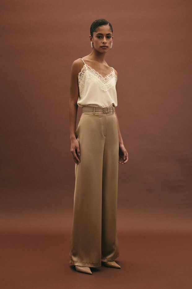Lisa Belt Detailed Satin Trousers - Mink