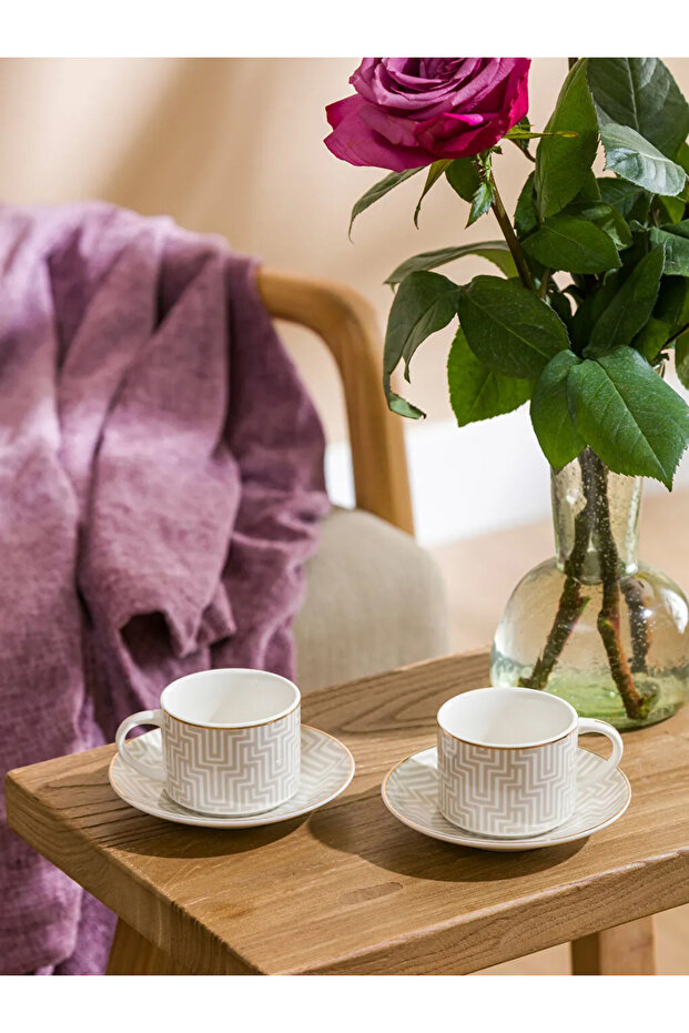 Lcw Home Beige Printed 2-Person Porcelain Coffee Cup Set 110 ml