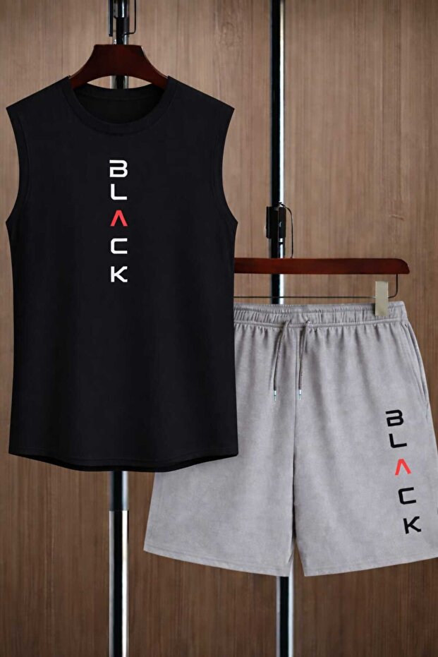 2-Piece Set Flex Short and Athlete-Double Black and Gray B Printed Summer Comfortable Sports Shorts with Pockets