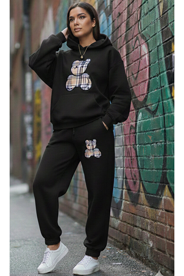 Unisex Printed Oversized Hooded Gray/Black Tracksuit Set Loose Fit