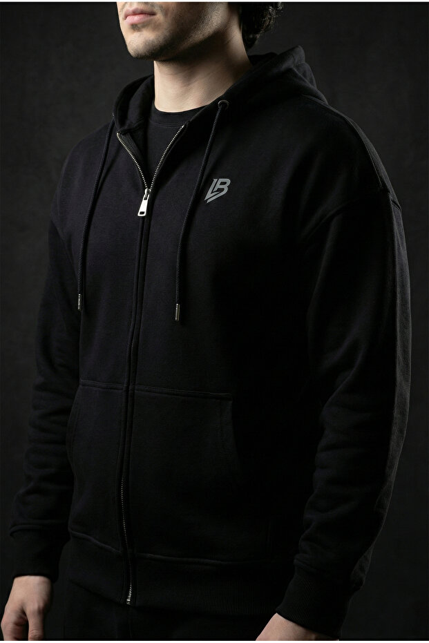 Lb Logo Black Zipper Hoodie Oversized Fleece-Lined Sweatshirt Cardigan
