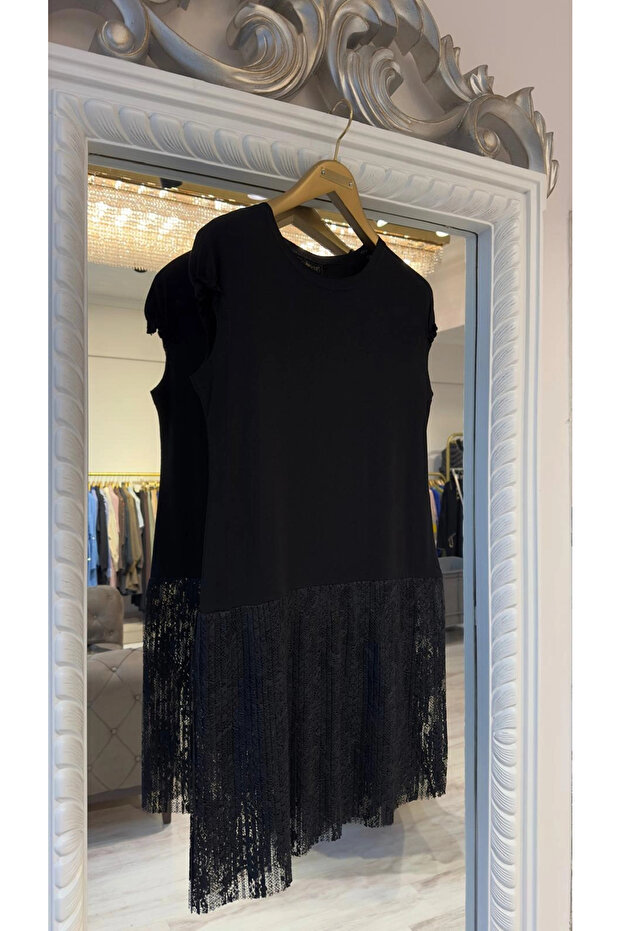 Dantel Pliseli İç Tunik - Siyah - 2